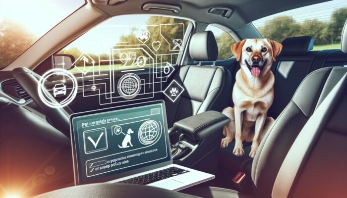 A dog in a car, pet-friendly rental sign visible, laptop showing pet policy.