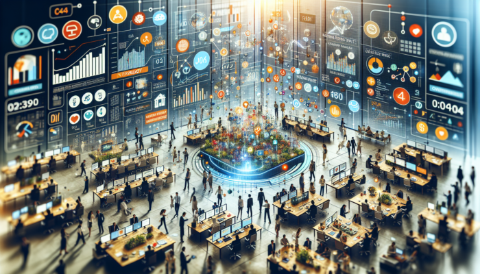 A digital dashboard illustrating high views, moderate clicks, and customer actions in a bustling business environment.