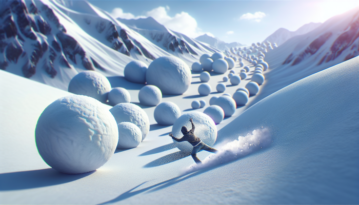 A person joyfully rolling a small snowball down a hill, symbolising the start of debt repayment, with larger snowballs in the background.