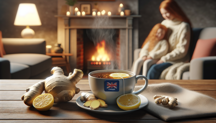 A steaming cup of ginger tea with ginger and lemon slices, in a cosy UK family setting by a fireplace.