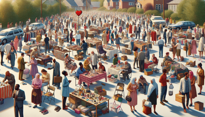 A vibrant yard sale scene with tables of items, people socialising, and a 'Donate' sign, showcasing community and savings.