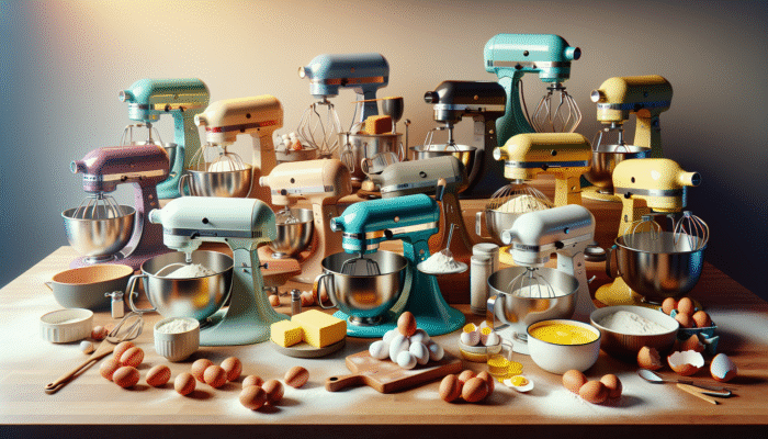 A colourful array of stand mixers on a kitchen countertop with ingredients nearby.