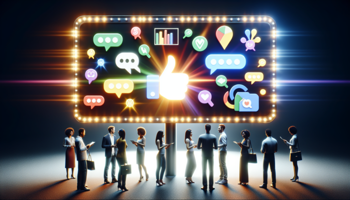 A vibrant digital display showcasing interactive Google Business Posts with diverse customers engaging and discussing.