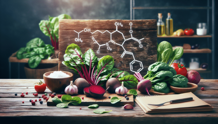 A variety of nitrate-rich foods such as beets, spinach, and garlic displayed on a rustic table, alongside nitric oxide molecules.