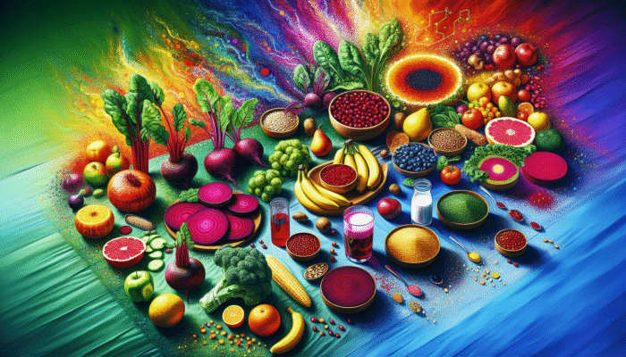 A table filled with nitrate-rich vegetables like beets and spinach, alongside fruits and whole grains that boost nitric oxide levels.