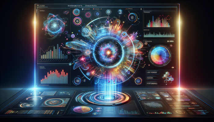 An advanced dashboard featuring the Google Business Insights logo, dynamic graphs, and illuminated data streams.