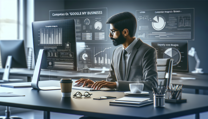A professional analysing competitor Google My Business profiles on a computer, with graphs and keywords displayed in a contemporary office.