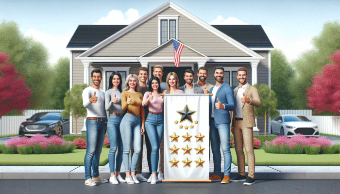 Content homeowners showing thumbs-up in front of their home, showcasing a banner with top-rated home service logo and reviews.