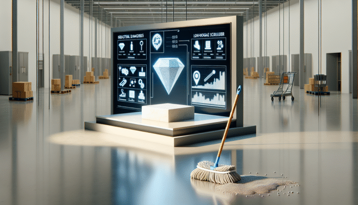 Industrial diamond tools and low-moisture scrubbers carefully treating stone, creating a lasting shine, compared to a standard supermarket mop.