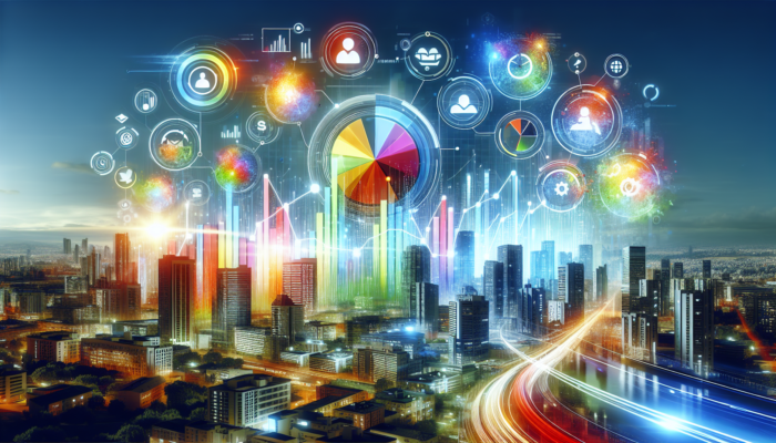 A vibrant Bing business profile displaying graphs indicating increased traffic and trust, set against a lively cityscape.
