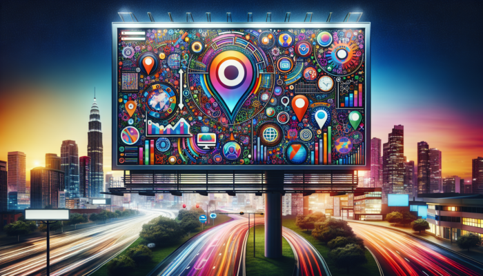 A dynamic digital billboard displaying "Boost Your Local SEO with Bing My Business" alongside SEO icons against a cityscape at dusk.