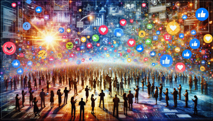 A vibrant digital landscape depicting people engaging with social media icons, likes, and comments.