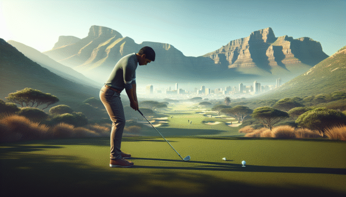 A golfer on a South African course utilising a club and natural surroundings for alignment, boosting shot precision.