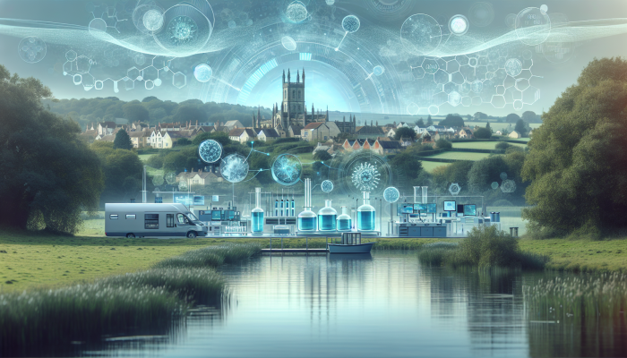 A serene lab in Bicester amidst greenery, conducting precise hormone testing, symbolising trust and health.