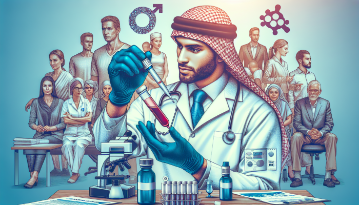 A busy Bicester clinic with clear pricing, diverse patients, and a lab technician analysing a male hormone blood test.