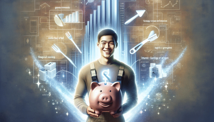 Individual smiling with rented tool, cleared house items, piggy bank, and savings chart illustrating financial savings.