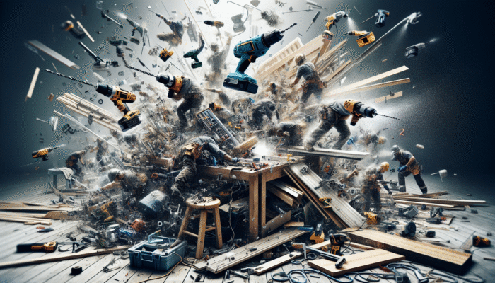 A workbench featuring power tools like drills, saws, and sanders, utilised for efficient house clearance.