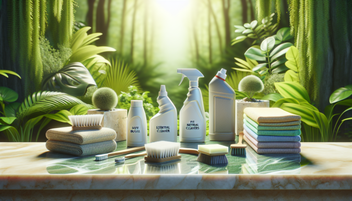 Essential travertine cleaning products neatly arranged on a sparkling surface with a lush greenery backdrop.