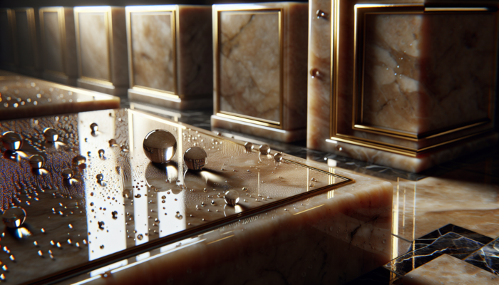 Glossy travertine tiles adorned with water droplets in an elegantly lit bathroom, showcasing the protection of sealant.