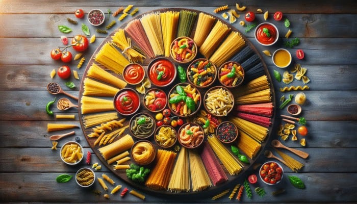 A colourful display of spaghetti, penne, and fusilli with their ideal sauces on a rustic wooden table.