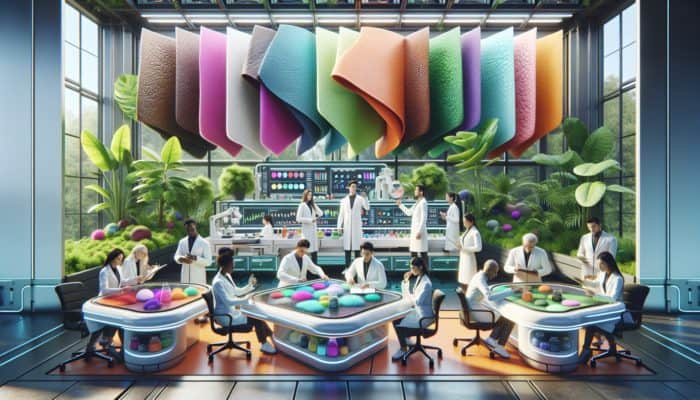 Scientists in a futuristic lab cultivating mycelium into eco-friendly vegan leather sheets with diverse textures and colours.