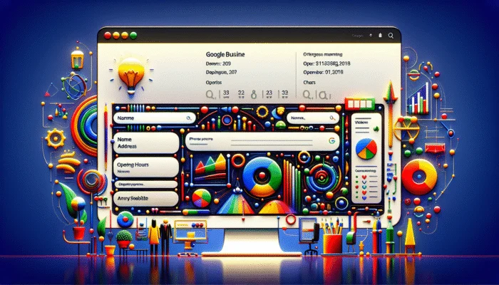 Optimized Google Business Profile for Visibility: A completed Google Business Profile on a computer screen with vibrant icons and professional layout.