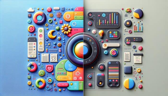 A split-screen image showcasing a colourful circular button for a children's app and a muted rectangular button for a financial services firm.