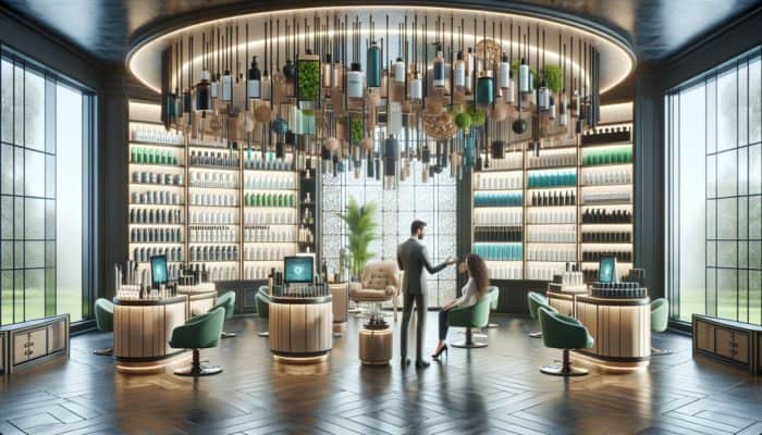 Luxurious salon with high-quality, professional-grade hair products; stylist explaining benefits to client.