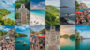 A collage of 12 images featuring beaches, ancient stone ruins, lush landscapes, ocean views, lively festivals with market stalls, boats on water, and people on sandy shores under both blue and cloudy skies—perfect for a Belize travel guide.