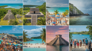 A collage of eight images showcasing ancient Mayan ruins, busy beaches, pristine turquoise waters, a marketplace with colourful umbrellas, tourists, and tropical landscapes under the sunny and partly cloudy skies typical of Belize's weather.