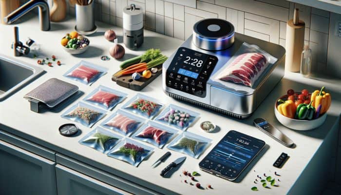 Precision cooker, vacuum-sealed bags, digital thermometer, and smartphone app on a kitchen countertop for sous vide cooking.