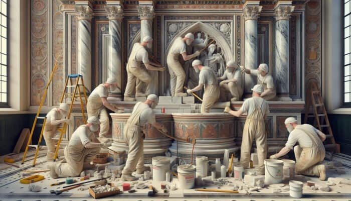 Restoration workers using traditional techniques to preserve a historic UK building, ensuring its authenticity and historical context.