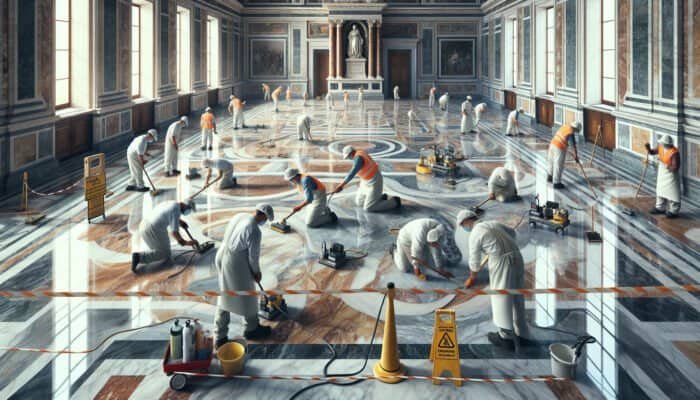 Detailed cleaning and honing of historic marble floors at Buckingham Palace, blending traditional and modern methods.