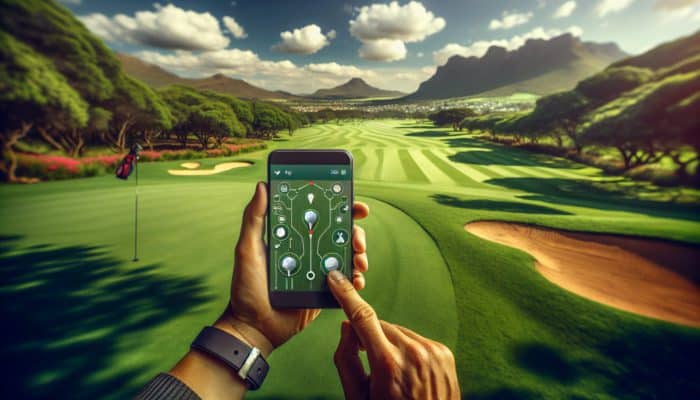 Golfer using Golfshot app on smartphone to measure distance on a South African golf course.