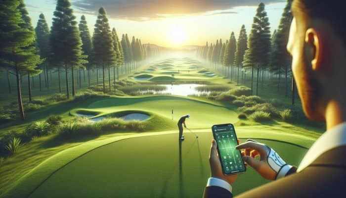 Golfer using smartphone app on a beautiful sunset golf course to analyze swing data.