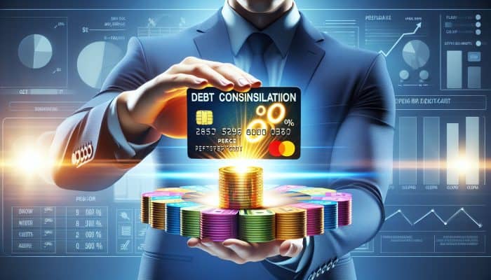 Debt Consolidation for Multiple Credit Cards: A UK Guide | DCL Person transferring colorful credit card balances to new card with "0%" symbol, illustrating debt consolidation.