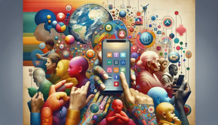 A vibrant mobile interface featuring large text and intuitive navigation, appealing to diverse global users.