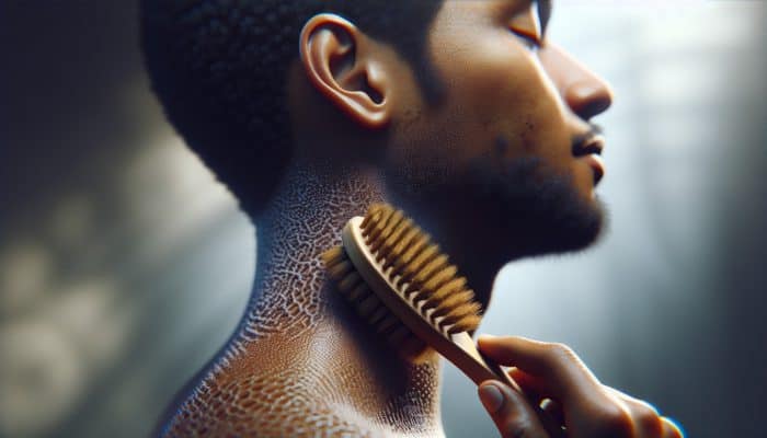 Close-up view of scalp exfoliation with a soft brush, showcasing healthy skin and hair follicles in a serene spa setting.