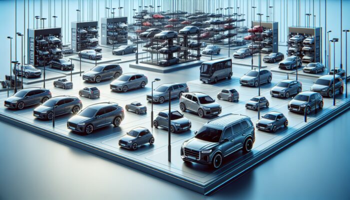 A diverse fleet of vehicles including compact cars, luxury sedans, and SUVs parked in a rental lot.