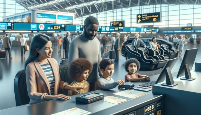 Family at a car rental desk selecting GPS and child seat, with a busy airport backdrop.