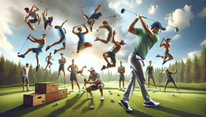 Golfer executing a swing on a green course, surrounded by dynamic plyometric drills enhancing muscle power and speed.