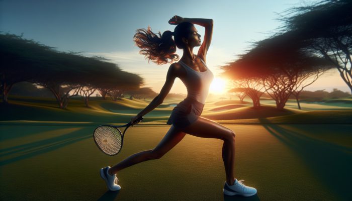 Golfer executing dynamic arm circles and leg swings at sunrise, followed by static stretches at sunset on a lush course.
