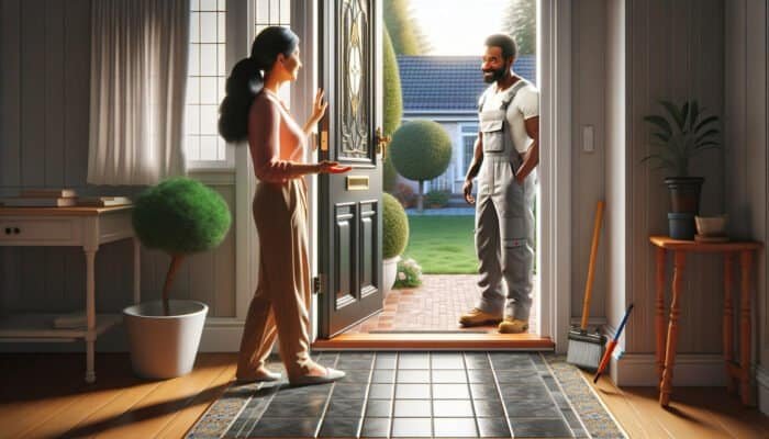 A person admiring a neighbor's clean tiles, asking for the grout cleaner's contact.