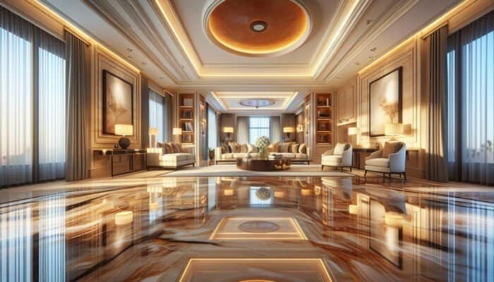 Polished travertine floors in a luxurious living room, showcasing rich colours and intricate textures.