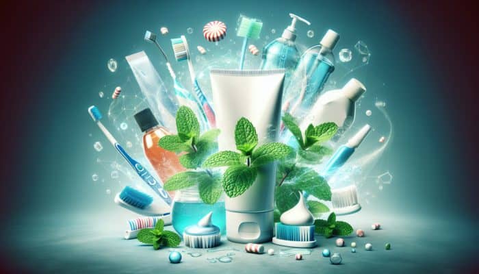Illustration of peppermint leaves and dental products like toothpaste and mouthwash, symbolizing fresh breath.