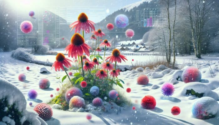 Illustration of Echinacea flowers in snowy UK landscape, symbolizing immune boosting and cold prevention.