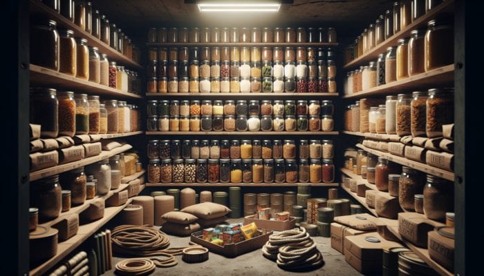 A well-organised pantry in a bunker with labelled jars, cans, and vacuum-sealed bags of food, survival gear visible.