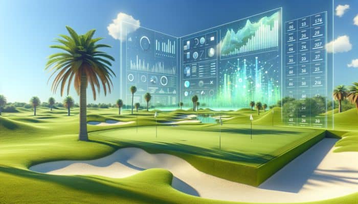 A serene golf course with lush fairways, manicured bunkers, and towering palm trees under a clear blue sky.