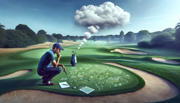 A golfer at Selborne Golf Club planning a strategic shot over a dogleg fairway with bunkers and undulating greens.