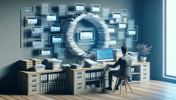 What to Ask Before Consolidating Your Debt: Key Questions | DCL Person relieved at desk, merging multiple debts into one document, symbolising debt consolidation.